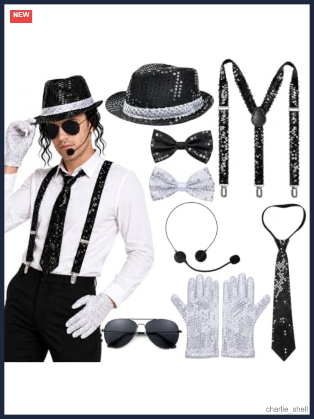 8 Piece Pop Star Costume Set Sequin Fedora Suspenders Gloves Necktie Mic
